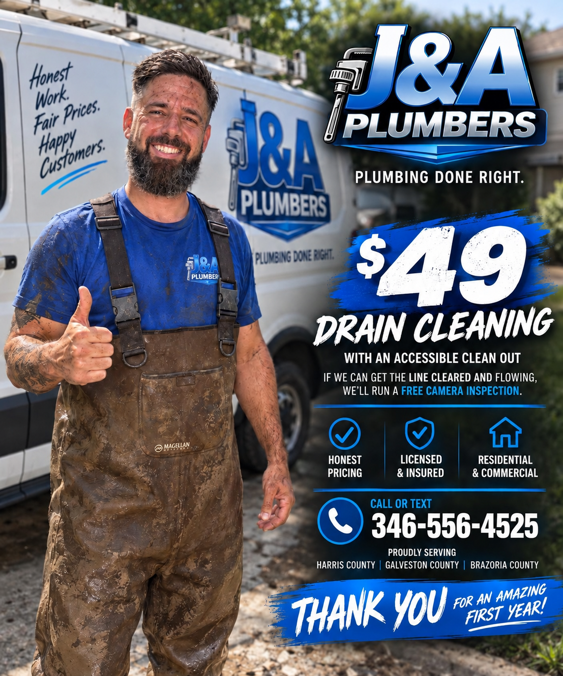 J&A Plumbers drain cleaning offer: $49 with an accessible cleanout. Free camera inspection if the line is cleared and flowing. Call or text 346-556-4525.